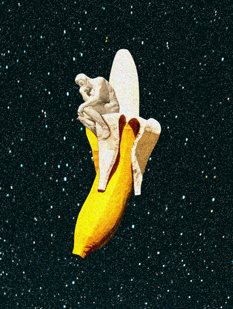 The image features a banana with a man's head sitting on top of it. The caption reads "#GIFARTDAY #haveathink #byaldienyunyu #Swatch #5, by @1000Landz". This creative artwork seems to be inspired by the famous quote "Thinking is hard work" attributed to the great philosopher, Aristotle. The banana and man's head are positioned in a way that they appear to be contemplating or deep in thought while sitting on top of each other.