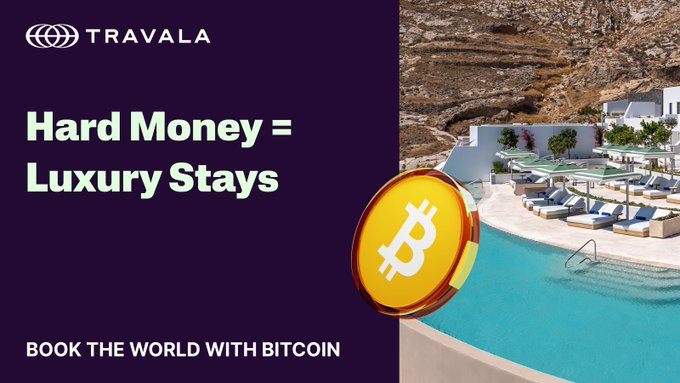 A Travala promotional graphic featuring the text "Hard Money = Luxury Stays" and "BOOK THE WORLD WITH BITCOIN" alongside a 3D Bitcoin coin and an image of a cliffside resort with an infinity pool, visually reinforcing the message that Bitcoin can fund upscale, debt-free vacations.