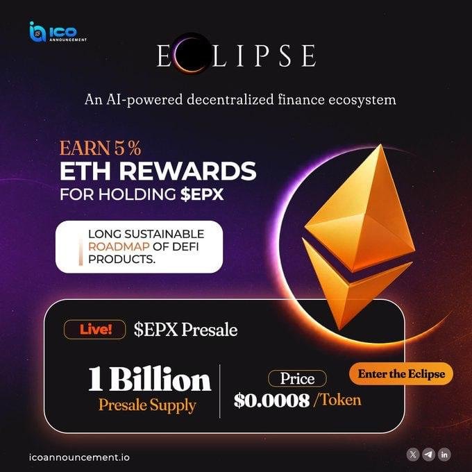 An identical promotional graphic for the 'ECLIPSE' DeFi ecosystem and '$EPX Presale' at '$0.0008 /Token' from icoannouncement.io.