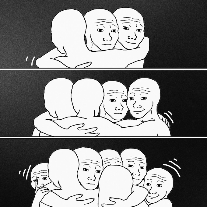A three-panel black-and-white illustration of the "hugging Wojak" meme, which expands from a two-person hug to a group embrace, symbolizing the idea that "OKX is better with friends" by depicting an ever-growing group hug to represent inviting referrals.