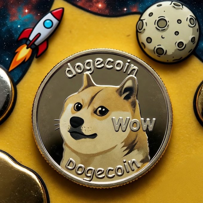 The image features a gold coin with a cartoon dog face on it, which has the words "Dogecoin" written on it. This coin is placed next to other objects such as a rocket ship and a space shuttle, suggesting that this might be an advertisement or promotional material for Dogecoin. The presence of these objects around the coin reinforces the theme of digital currency and its association with futuristic technology.