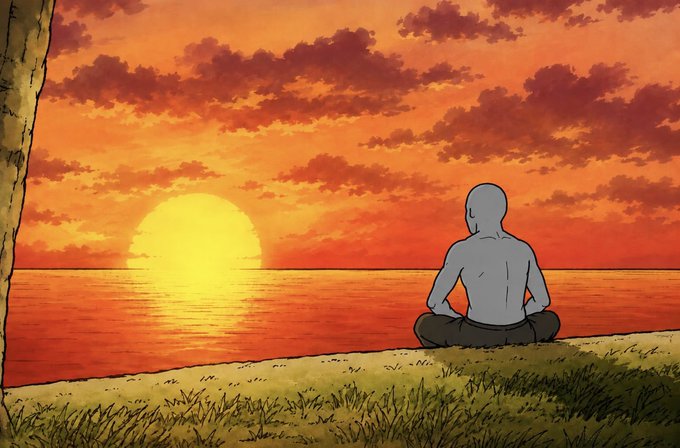An anime-style illustration of a person with gray hair sitting cross-legged on a grassy cliff, watching a sunset over the ocean with orange and red clouds.