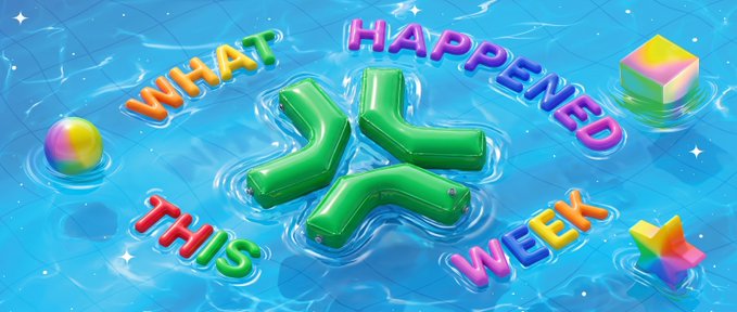 Colorful, bubbly 3D text reading 'WHAT HAPPENED THIS WEEK' with a green X-shape and floating cubes in a blue water background.