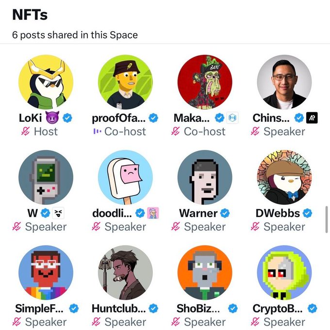 A Twitter Space panel for an 'NFTs' discussion with 6 posts shared, listing 12 participants including LoKi (Host), proofOfa... (Co-host), Maka... (Co-host), and speakers like Warner, DWebbs, and CryptoB... each represented by unique profile pictures or PFPs.