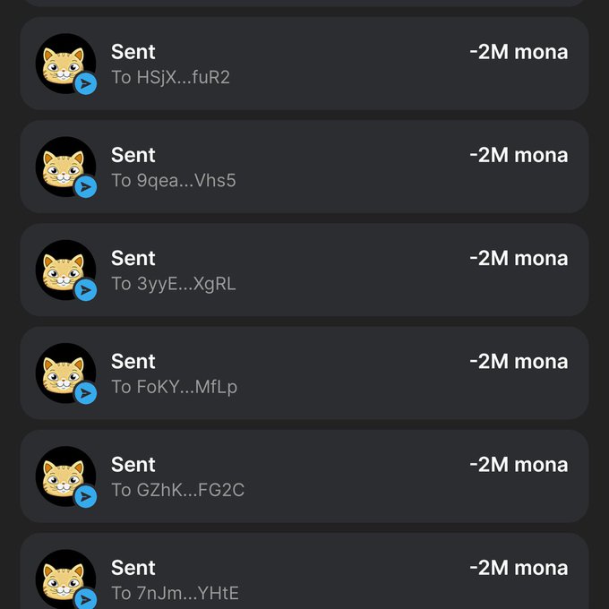 The image displays a cryptocurrency transaction history showing multiple "Sent" entries of "-2M mona" each, directed to various abbreviated wallet addresses (HSjX...fuR2, 9qea...Vhs5, 3yyE...XgRL, FoKY...MfLp, GZhK...FG2C, 7nJm...YHtE). This appears to illustrate the "$MONA Airdrop" promotional post, visually reinforcing the claim of distributing 10,000,000 $MONA tokens by showing outgoing transfers from the sender's wallet.