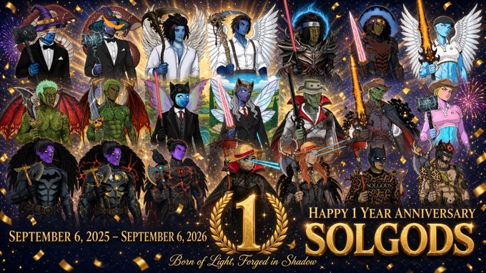 A 'HAPPY 1 YEAR ANNIVERSARY SOLGODS' promotional image showcasing an array of angel and demon characters with the dates 'SEPTEMBER 6, 2025 – SEPTEMBER 6, 2026' and the tagline 'Born of Light, Forged in Shadows'.