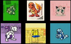 A 2x3 grid of stylized digital creature illustrations on colored backgrounds: a green creature, a Charmander-like orange dinosaur, a pink cat, a white dog on purple, a yellow creature, and a blue blob-like figure.