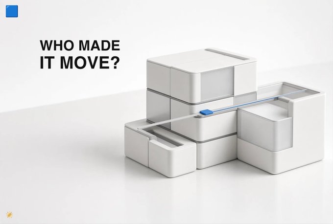 A minimal white 3D illustration shows a stack of smooth, rounded cubes connected by a thin blue line that appears to trigger movement between them, with the bold black text "WHO MADE IT MOVE?" displayed on the left. The image visually represents the post's question about attributing onchain transactions to the specific applications or users that initiated them—rather than just observing the resulting activity on protocols. The blue element sliding through the blocks symbolizes the catalyst behind the movement, mirroring the post's focus on identifying the missing "who" behind measurable blockchain data.