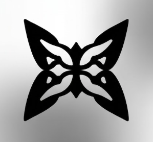 The image features an artistic black and white design of a butterfly shape composed of four quadrants, with each quadrant containing one smaller butterfly within it, creating a sense of depth and complexity. The butterflies are outlined by thin lines, giving them a stylized appearance reminiscent of digital art or computer code. The image is centered on the frame, drawing attention to the intricate details of the butterfly design.