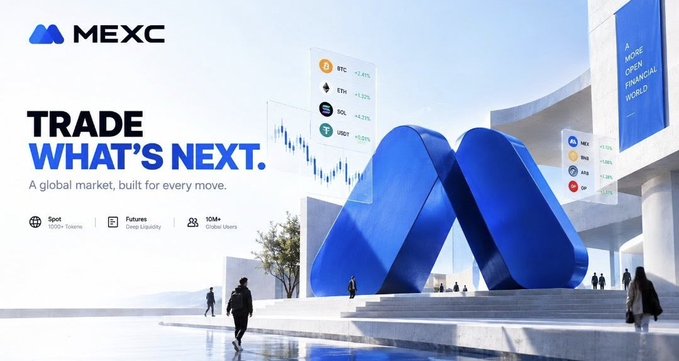 A promotional banner for 'MEXC' cryptocurrency exchange featuring the slogan 'TRADE WHAT'S NEXT. A global market, built for every move.' alongside a large 3D blue 'M' logo in a modern architectural setting, with tickers for BTC, ETH, SOL, and USDT displayed.