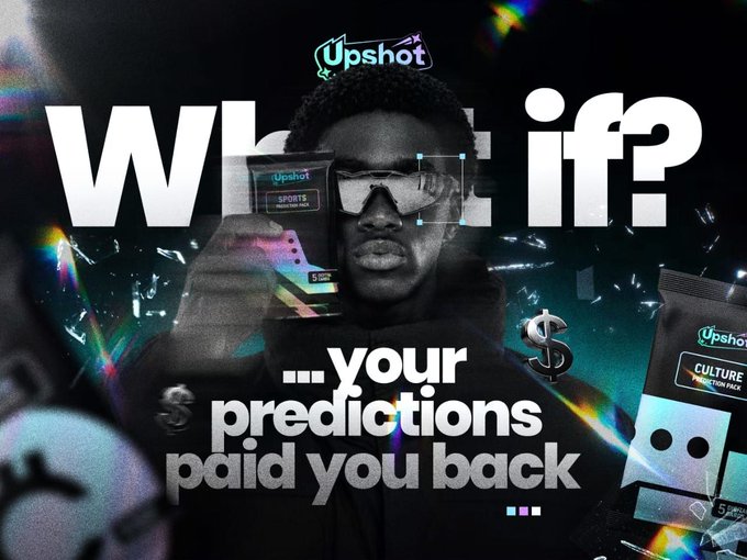 An Upshot advertisement showing a person holding a prediction pack with the large text "What if?" and "...your predictions paid you back," featuring Sports and Culture prediction pack products with dollar sign graphics.
