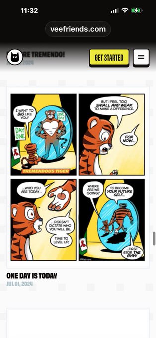 A mobile screenshot from veefriends.com displaying a four-panel comic titled 'ONE DAY IS TODAY' dated JUL 01, 2024, featuring an orange tiger character named 'TREMENDOUS TIGER.'