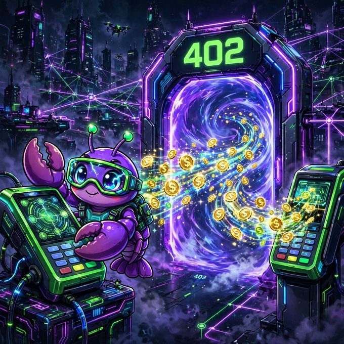 A cartoonish purple alien with goggles stands next to a futuristic portal labeled "402" that emits gold coins, set against a cyberpunk cityscape.
