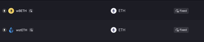 A trading interface showing two fixed conversion pairs: wBETH to ETH and wstETH to ETH.