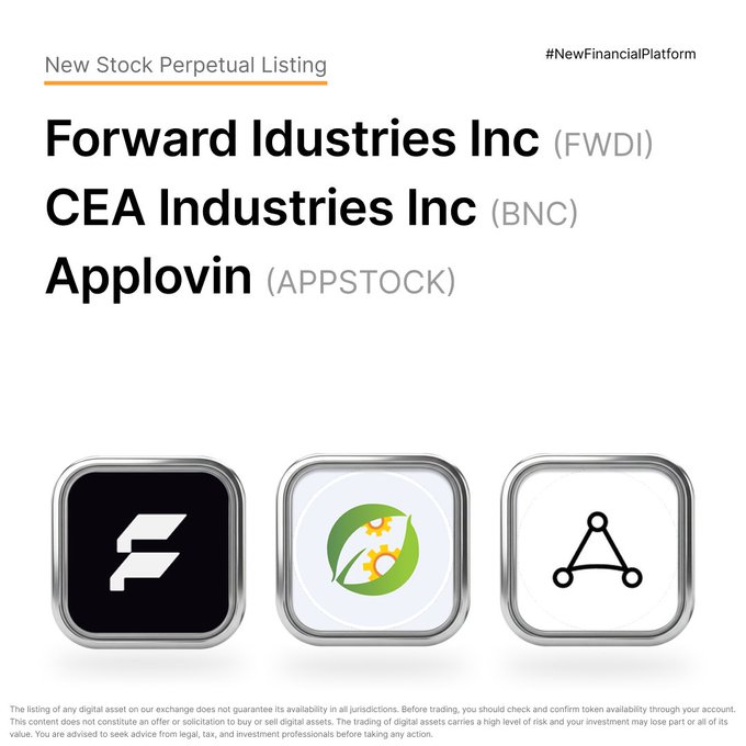 The image announces a "New Stock Perpetual Listing" on a financial platform, highlighting three assets: **Forward Industries Inc (FWDI)**, **CEA Industries Inc (BNC)**, and **Applovin (APPSTOCK)**, each represented by a stylized app icon below their names, with the hashtag **#NewFinancialPlatform** in the corner.