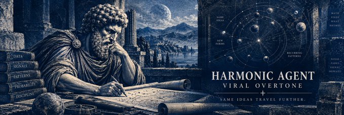 Digital artwork titled 'HARMONIC AGENT - VIRAL OVERTONE - SAME IDEAS TRAVEL FURTHER', depicting a classical stone statue of a bearded man writing at a desk, surrounded by celestial charts and books labeled with words like 'DATA', 'SIGNALS', 'PATTERNS', and 'PROBABILITY'.