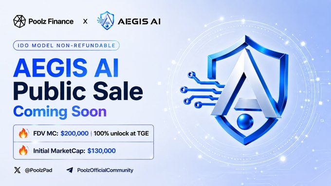 Poolz Finance partners with AEGIS AI for an upcoming public sale on Base, featuring a $200,000 FDV MC with 100% unlock at TGE and an initial market cap of $130,000 under a non-refundable IDO model.