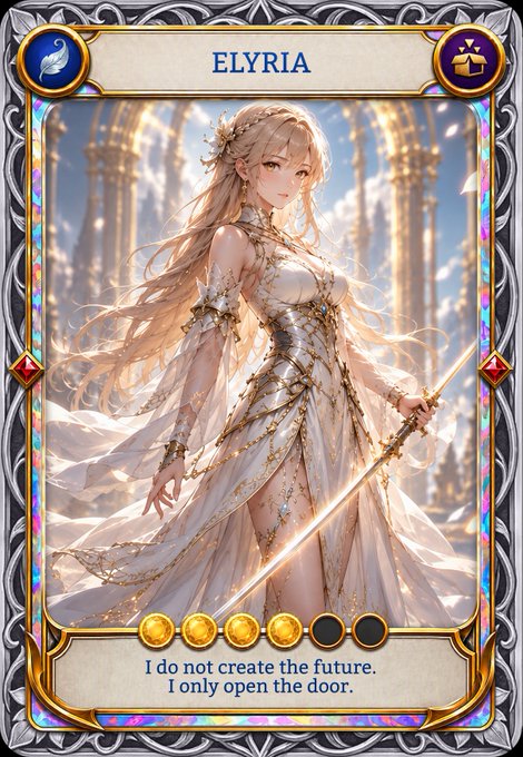 An anime-style trading card featuring a blonde elf-like woman named ELYRIA holding a staff, with the quote 'I do not create the future. I only open the door.'