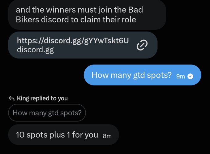 A chat shows the user asking "How many gtd spots?" and "King replied" with "10 spots plus 1 for you," confirming the negotiated 10 guaranteed spots plus one extra for the user to raffle in the Bad Bikers NFT collaboration.