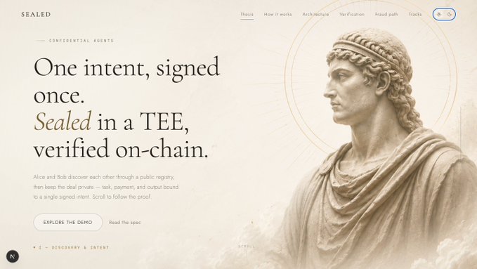A minimalist website header for "SEALED" features a classical marble bust illustration and the tagline "One intent, signed once. Sealed in a TEE, verified on-chain," with navigation links including "Thesis," "How it works," and "Architecture," promoting the Mithra confidential AI agents project built at ETHGlobal Lisbon.