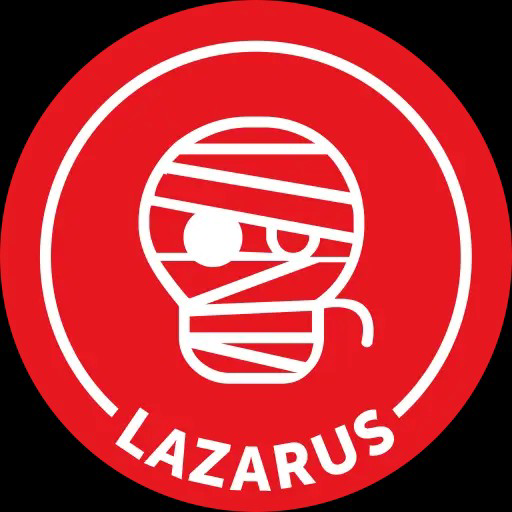 A red circular logo featuring a stylized skull/mummy head design with the text "LAZARUS" displayed prominently at the bottom, representing the notorious North Korean hacking group known for cryptocurrency theft and money laundering activities.
