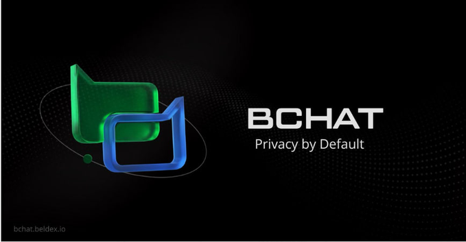The image features the BChat logo with two overlapping speech bubbles in green and blue alongside the tagline "Privacy by Default," with the URL "bchat.beldex.io" displayed at the bottom. This visual reinforces the post's message that BChat is built on Beldex's BelNet privacy infrastructure, positioning messaging as a layer atop a privacy network rather than a standalone app.