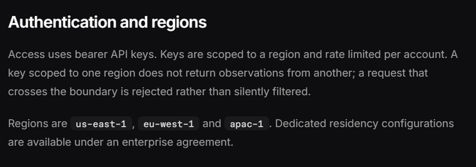 Documentation snippet titled 'Authentication and regions' explaining that access uses bearer API keys scoped to a region, listing regions us-east-1, eu-west-1, and apac-1, with dedicated residency configurations available under enterprise agreement.