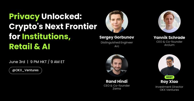 The image shows a black background with four men's faces displayed around a central circle. The text "Privacy Unlocked: Crypto's Next Frontier for Institutions, Retail & AI" is written above the circles, and the names of the panelists are listed below them in white text. The post appears to be related to privacy and technology, as it discusses how institutions can use blockchain technology to protect their data while still benefiting from its advantages.