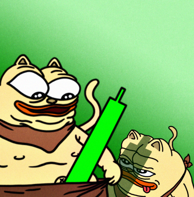 A cartoon illustration depicts two cat-like characters against a green background; one muscular, wide-eyed cat on the left holds a long green object, while a smaller, drooling cat with a sly expression watches from the right.