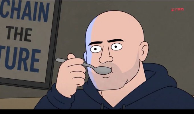A cartoon scene of a bald man in a hoodie holding a spoon, with partial text 'CHAIN THE TURE' visible in the background.
