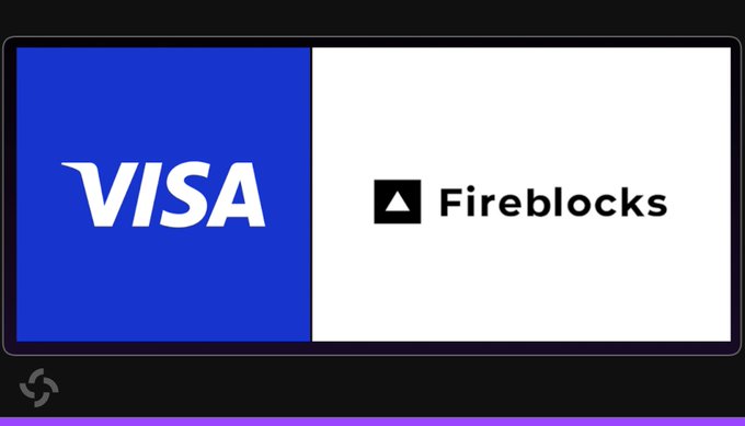 The graphic displays the Visa logo alongside Fireblocks, illustrating news that Visa is reportedly in talks to acquire crypto custody firm Fireblocks for $2.5 billion.