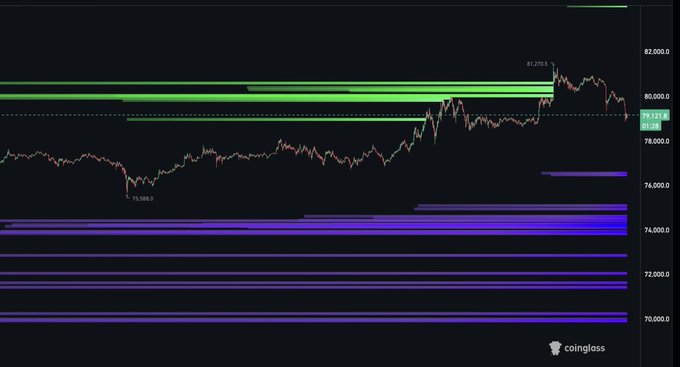 A Coinglass liquidation heatmap chart showing Bitcoin price movement between approximately $75,000 and $82,000, with a peak labeled 81,210.5 and current price around 79,221.