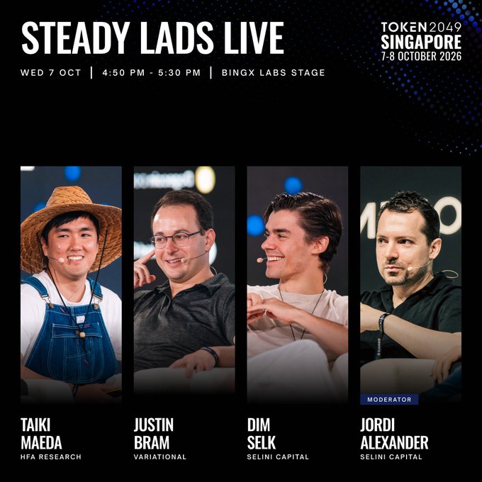 A promotional graphic for "Steady Lads Live" at TOKEN2049 Singapore (7-8 October 2026) scheduled for Wednesday, October 7, 4:50-5:30 PM on the BingX Labs Stage, featuring headshots of panelists Taiki Maeda (HFA Research), Justin Bram (Variational), Dim Selk (Selini Capital), and moderator Jordi Alexander (Selini Capital), directly complementing the announcement post.
