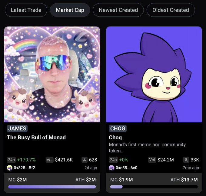 A NFT marketplace screenshot displaying two tokens sorted by Market Cap: JAMES 'The Busy Bull of Monad' (MC $2M) and CHOG 'Monad's first meme and community token' (MC $1.9M).