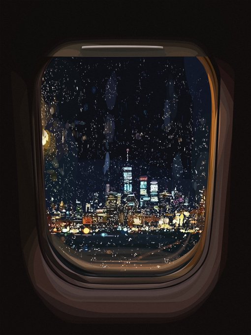 A view of a city skyline at night, featuring the One World Trade Center illuminated, seen through an airplane window with rain droplets on the glass.