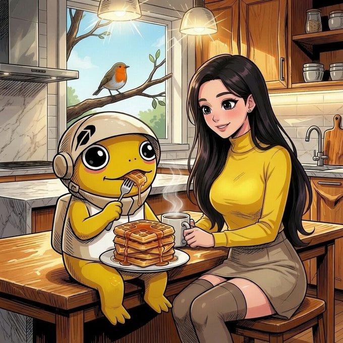 Anime-style illustration of a woman with long black hair in a yellow turtleneck sitting at a kitchen counter with a cute yellow creature wearing a helmet, sharing a stack of waffles with a robin perched on the windowsill.