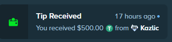 The image shows a sign with a green "tipreceived" button, indicating that someone has sent money to the user's tip account. Below the tip amount, there is text that states "17 hours ago you received $500.00 from Tusk". The scene also includes various logos and descriptions related to cryptocurrency and tipping services.