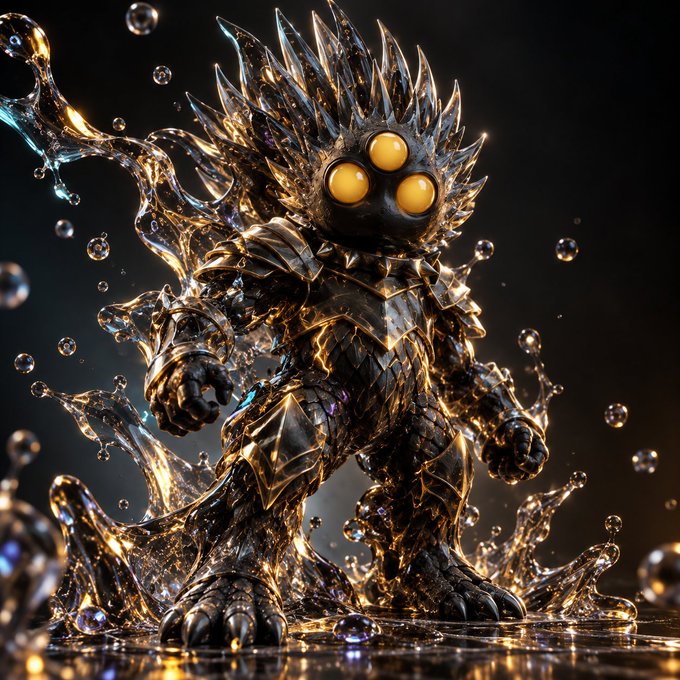 A detailed 3D-rendered fantasy creature with spiky armor and three glowing yellow eyes, surrounded by splashing water droplets and golden liquid on a dark reflective surface.