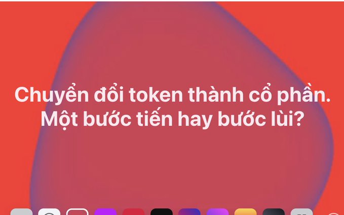 Vibrant red and pink abstract background with Vietnamese text reading 'Chuyển đổi token thành cổ phần. Một bước tiến hay bước lùi?' (Converting tokens to shares. A step forward or backward?).