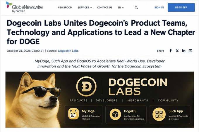 A GlobeNewswire article titled “Dogecoin Labs Unites Dogecoin’s Product Teams, Technology and Applications to Lead a New Chapter for DOGE” announces Dogecoin Labs, dated October 21, 2026. The banner promotes the MyDoge wallet, DogeOS applications, and Such App merchant payments, highlighting $DOGE utility across payments, DeFi, gaming, and real-world use.