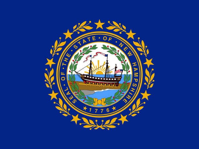 The flag of New Hampshire features the state seal with text reading "SEAL OF THE STATE OF NEW HAMPSHIRE" and "1776," surrounding a depiction of a ship, making it relevant to the news about the state's proposal to issue a $100M Bitcoin-backed municipal bond.