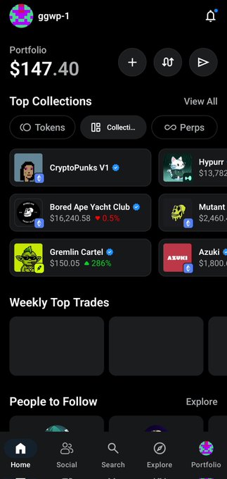 A screenshot of a cryptocurrency portfolio app showing a balance of $147.40 for user "ggwp-1", featuring a "Top Collections" section with NFT projects including CryptoPunks V1 ($13,782) and Bored Ape Yacht Club ($16,240.58).