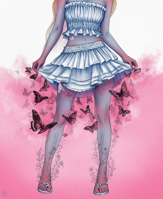 An artistic illustration of a female figure wearing a light blue ruffled crop top and matching skirt, with butterflies surrounding her against a pink watercolor background.