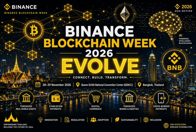 An advertisement for 'Binance Blockchain Week 2026 Evolve' happening on 28-29 November 2026 at the Queen Sirikit National Convention Center (QSNCC) in Bangkok, Thailand, featuring themes of tokenized real-world assets, stablecoin payments, digital commerce, and cross-border payments.