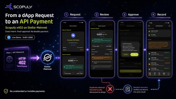 A promotional graphic for 'SCOPULY' explains 'From a dApp Request to an API Payment', detailing a 4-step process: Request, Review, Approve, Record on the Stellar Mainnet.
