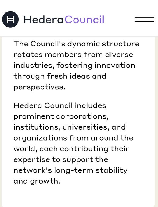 An informational text panel from Hedera Council explains that its dynamic structure rotates members from diverse industries and includes prominent corporations, institutions, and universities to support stability and growth.