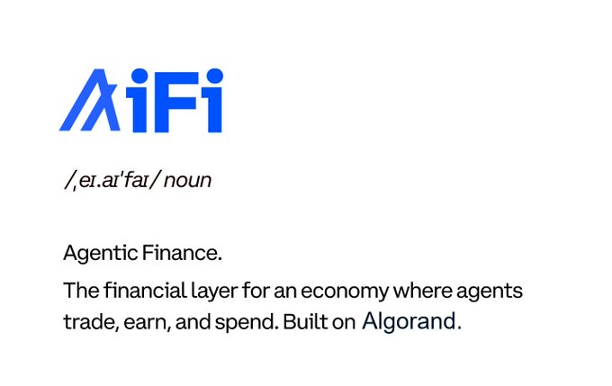 A definition card for "AiFi" showing the phonetic pronunciation /ˌeɪ.aɪˈfaɪ/ and describing it as "Agentic Finance. The financial layer for an economy where agents trade, earn, and spend. Built on Algorand."