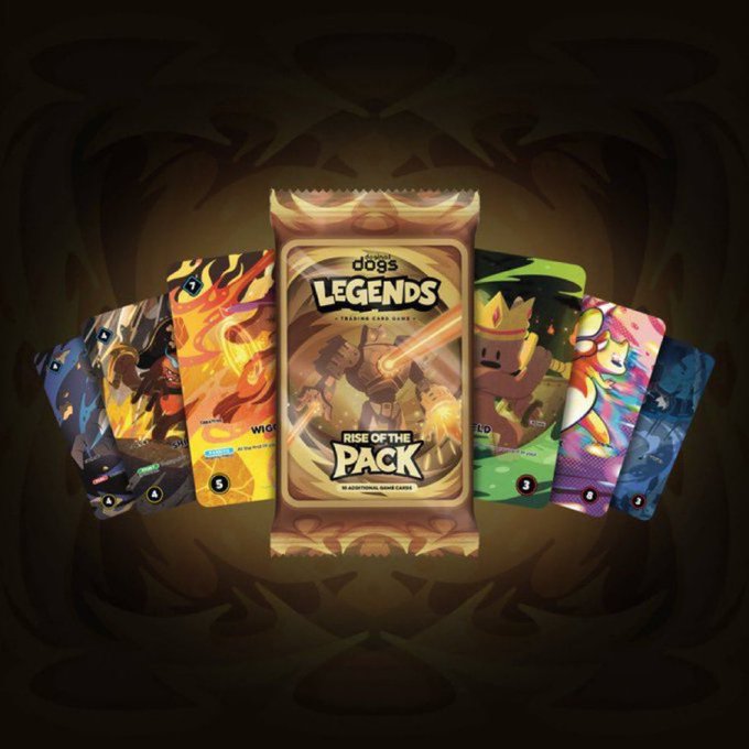 A promotional image for "Dogs Legends: Rise of the Pack," a tradable card game, featuring a card pack surrounded by various character cards.