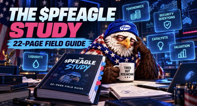 A patriotic eagle wearing a "Pfizer" beanie holds a "$PFEAGLE Study" mug alongside a copy of the 22-page field guide, surrounded by floating digital panels highlighting key topics like Tokenomics, Security Questions, Catalysts, Valuation, and Liquidity—visually reinforcing the post's emphasis on the project's thorough, transparency-focused documentation.