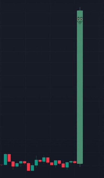 A stock chart displays a series of small red and green candlesticks followed by a massive vertical green bar topped with a smiling cartoon face, indicating an astronomical surge in value.